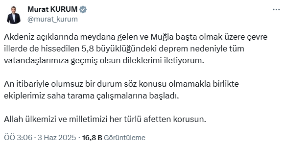 Earthquake of magnitude 5.8 in Muğla