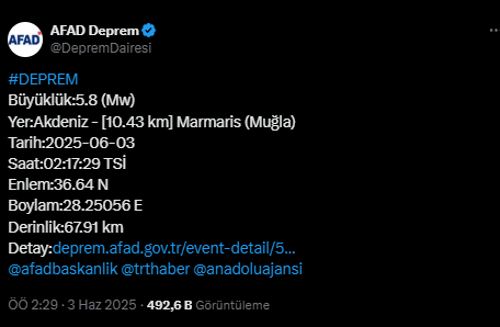 MUĞLA'DA DEPREM! 3 Haziran deprem ne zaman, kaç şiddetinde oldu?