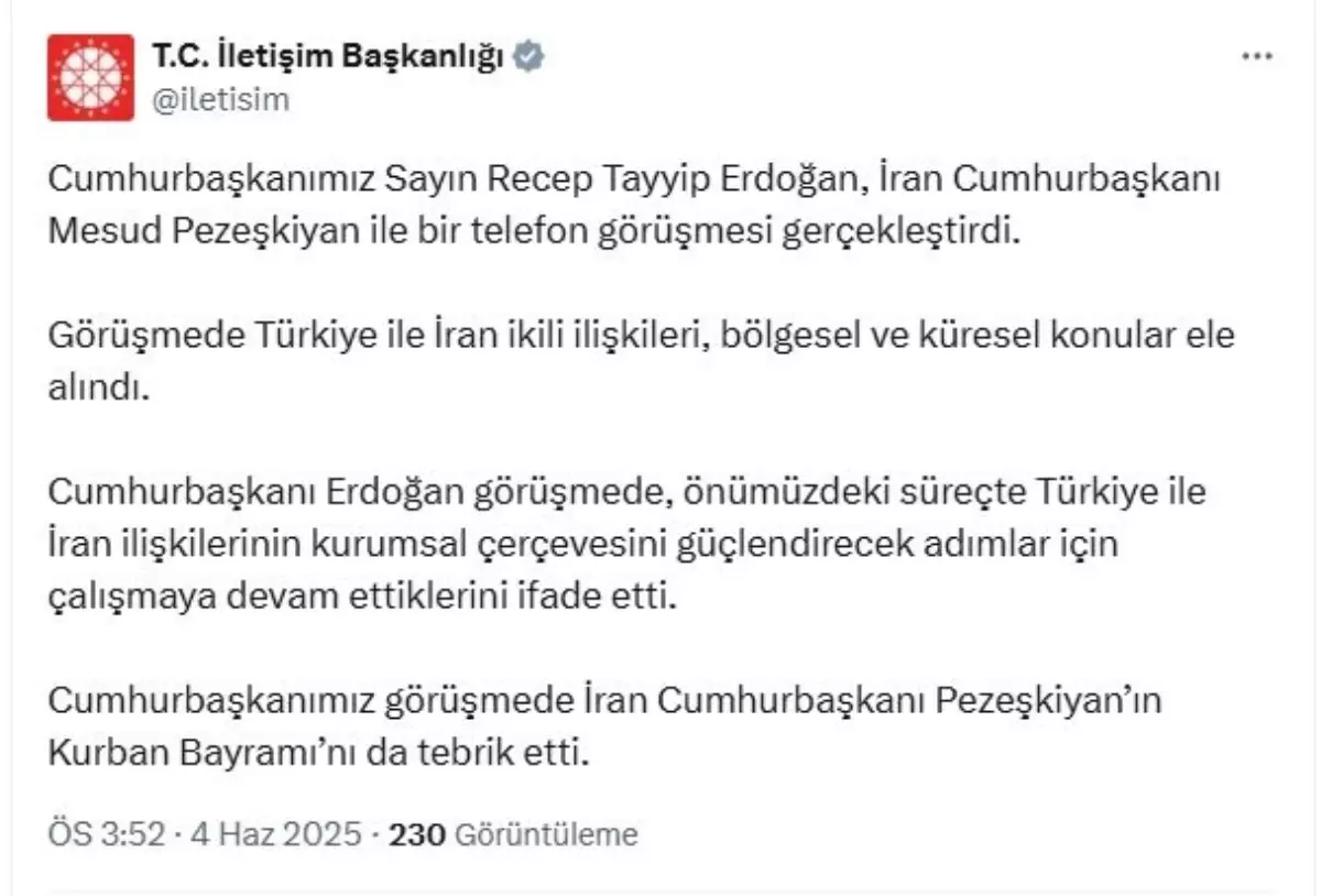 Erdoğan, İran Cumhurbaşkanı Pezeşkiyan ile telefon görüşmesi yaptı