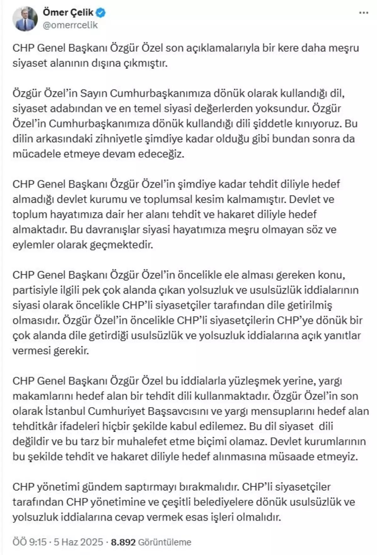 Ömer Çelik'ten Özgür Özel ve CHP'ye Sert Eleştiriler