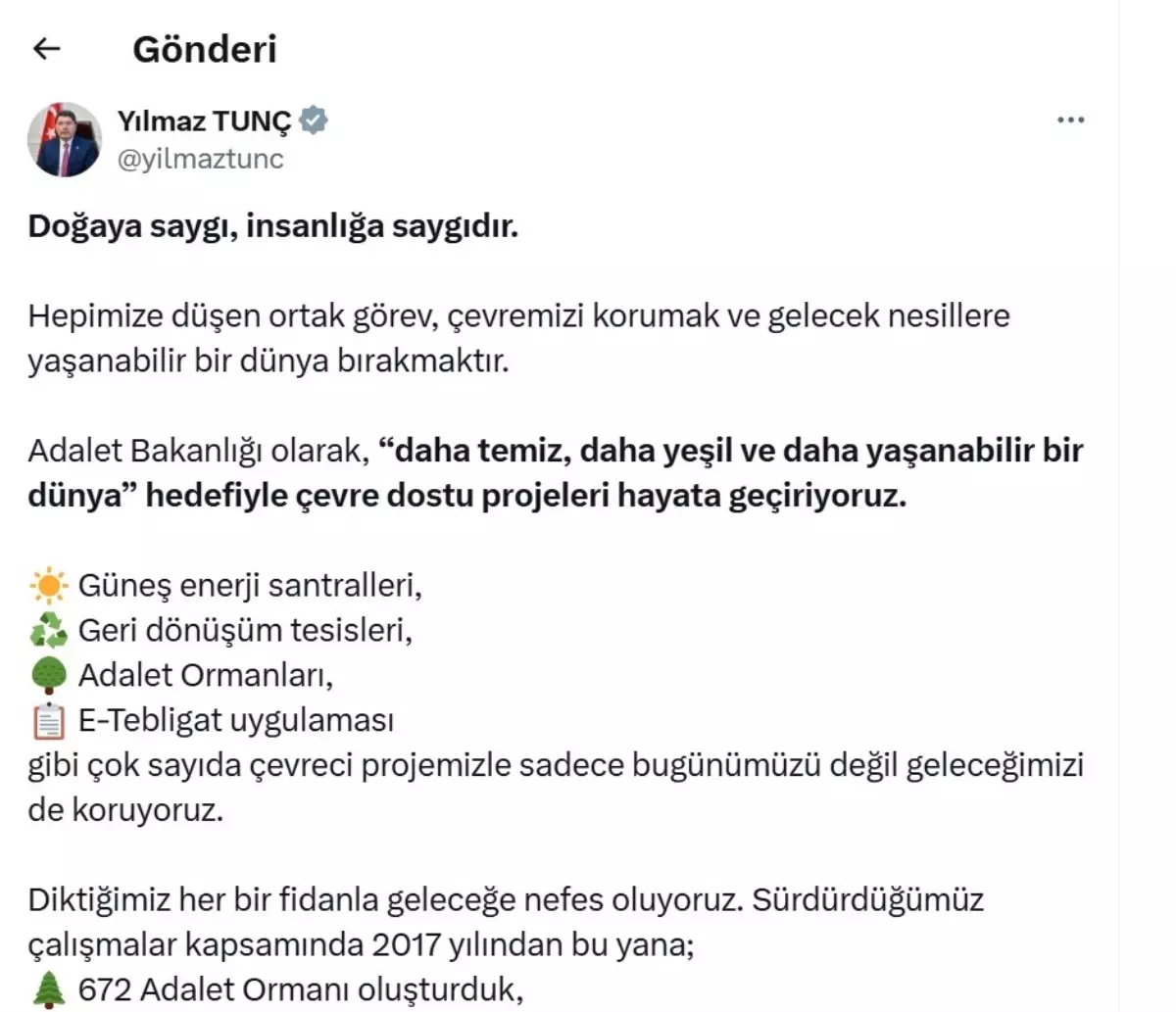 Adalet Bakanlığı'ndan Çevre Dostu Projeler: 298 Milyon e-Tebligat ile Doğa Korundu