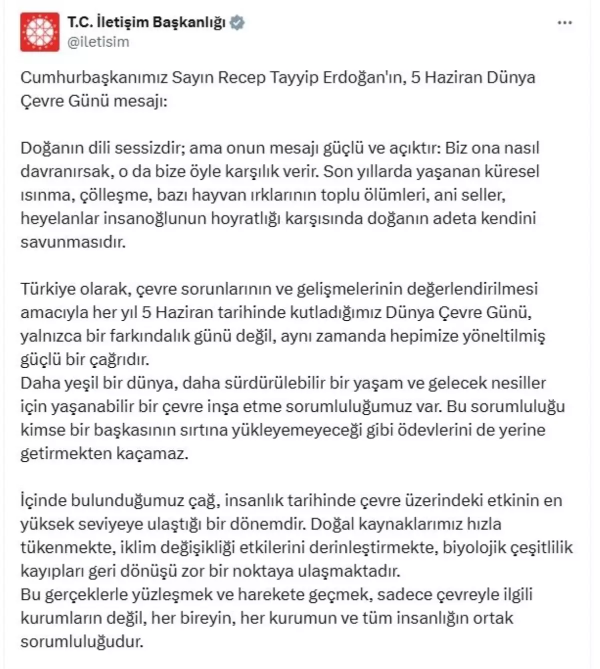 Cumhurbaşkanı Erdoğan'dan Dünya Çevre Günü mesajı: 'Daha yeşil bir dünya için sorumluluklarımız var'