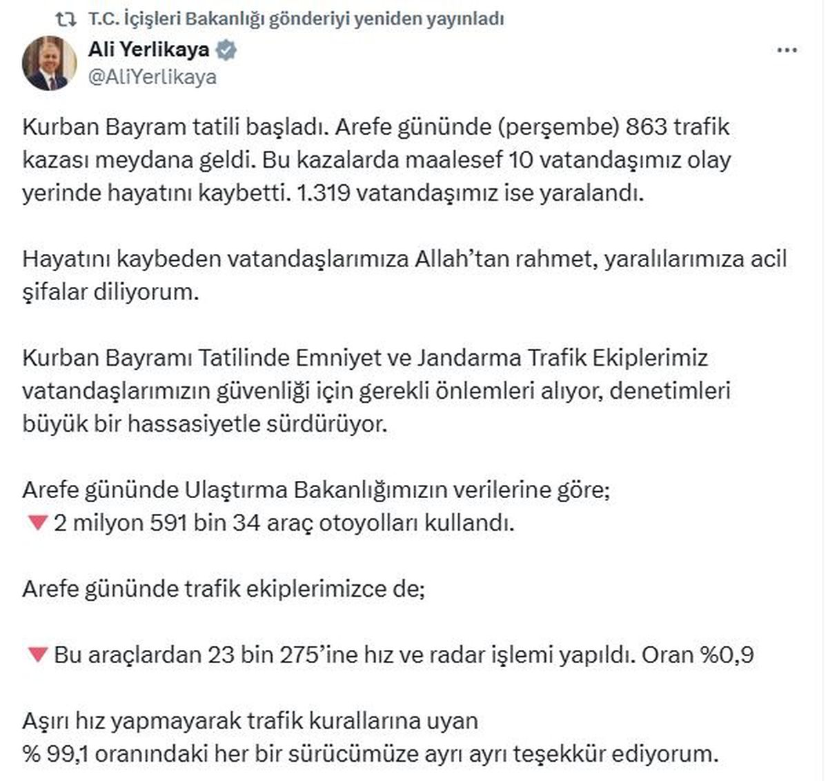 Kurban Bayramı Arifesinde 863 Trafik Kazası: 10 Ölü, 1319 Yaralı