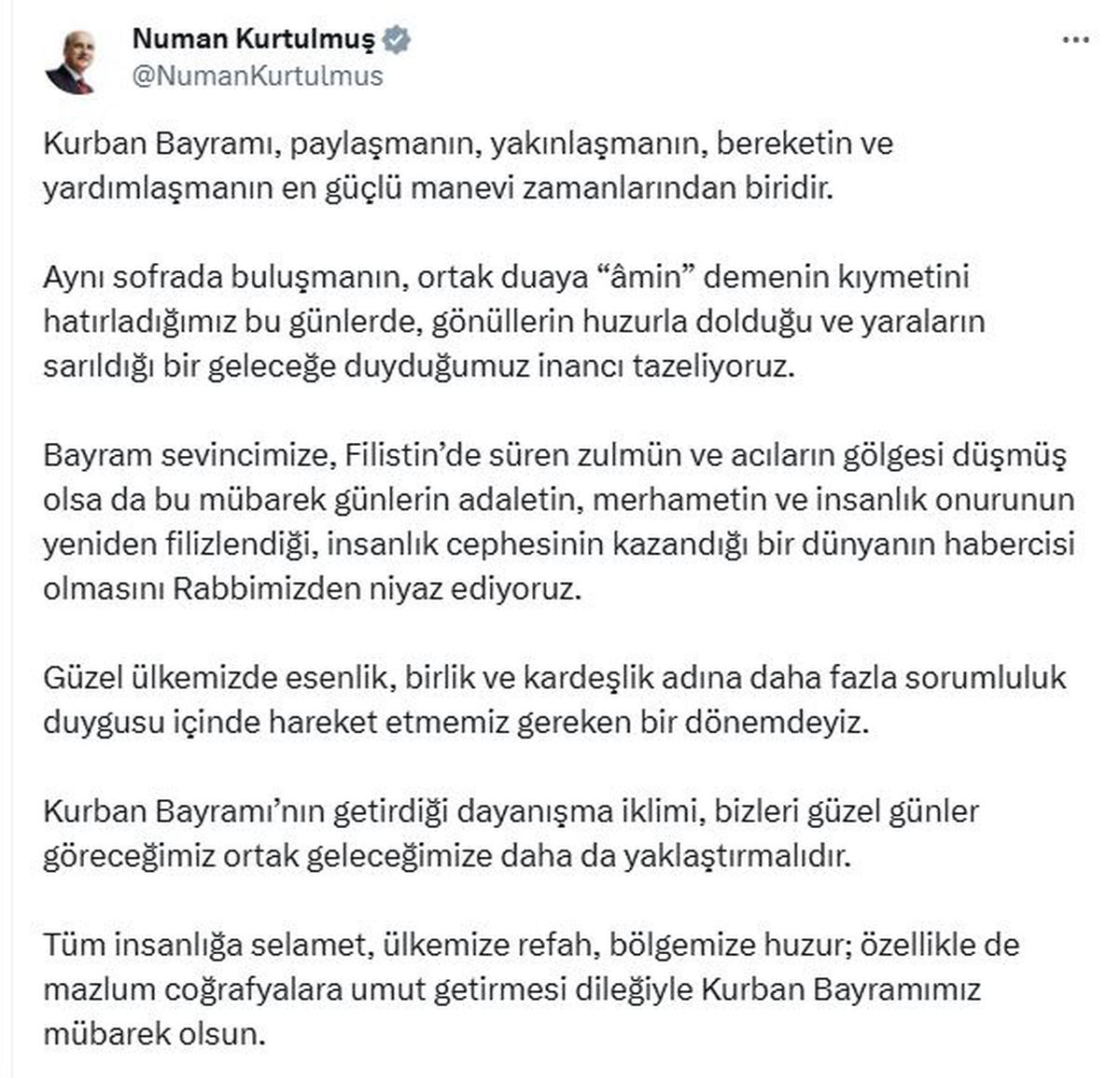 TBMM Başkanı Numan Kurtulmuş'tan Kurban Bayramı Mesajı