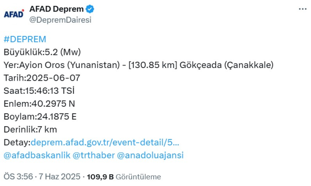 ÇANAKKALE'DE DEPREM Mİ OLDU? 7 Haziran 2025 Gökçeada'da az önce deprem mi oldu, nerede, kaç şiddetinde? AFAD ve Kandilli SON depremler listesi! ÇANAKKALE'DE DEPREM Mİ OLDU? 7 Haziran 2025 Gökçeada'da az önce deprem mi oldu, nerede, kaç şiddetinde? AFAD ve Kandilli SON depremler listesi!