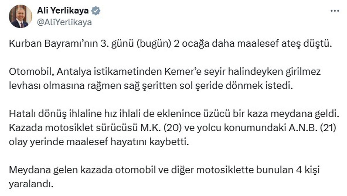 Antalya'da Trafik Kazası: İki Motosiklet Sürücüsü Hayatını Kaybetti