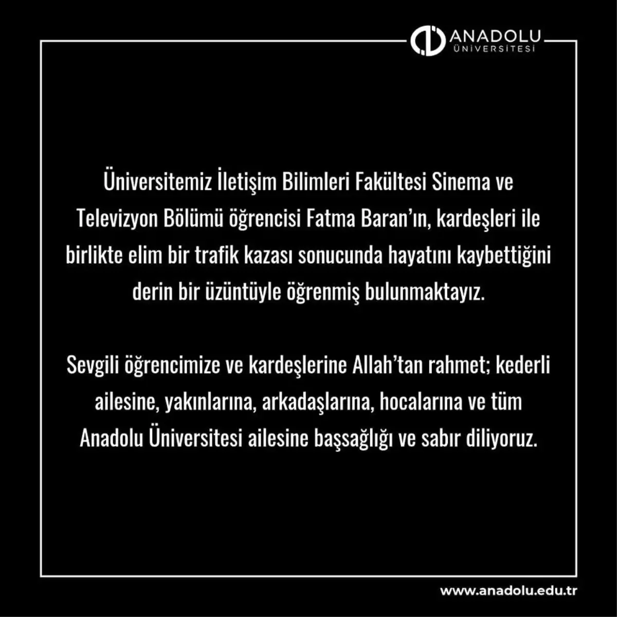 Anadolu Üniversitesi Rektörü Taziye Mesajı Yayımladı