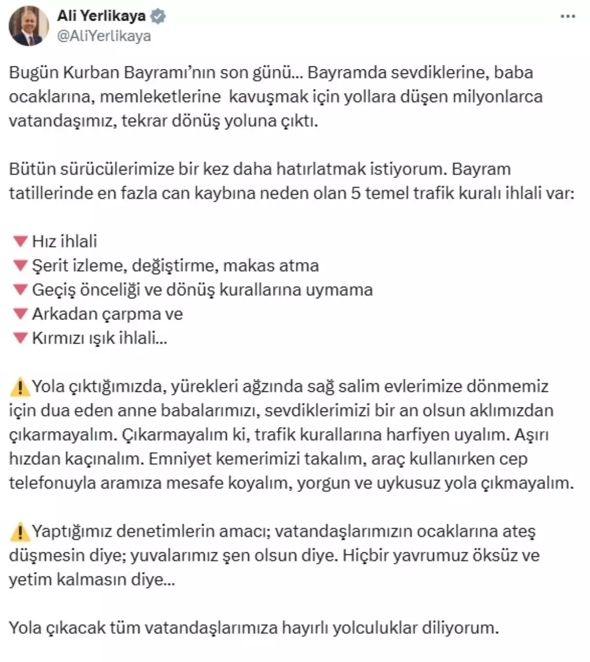 Bakan Yerlikaya'dan Trafik Kuralları Uyarısı