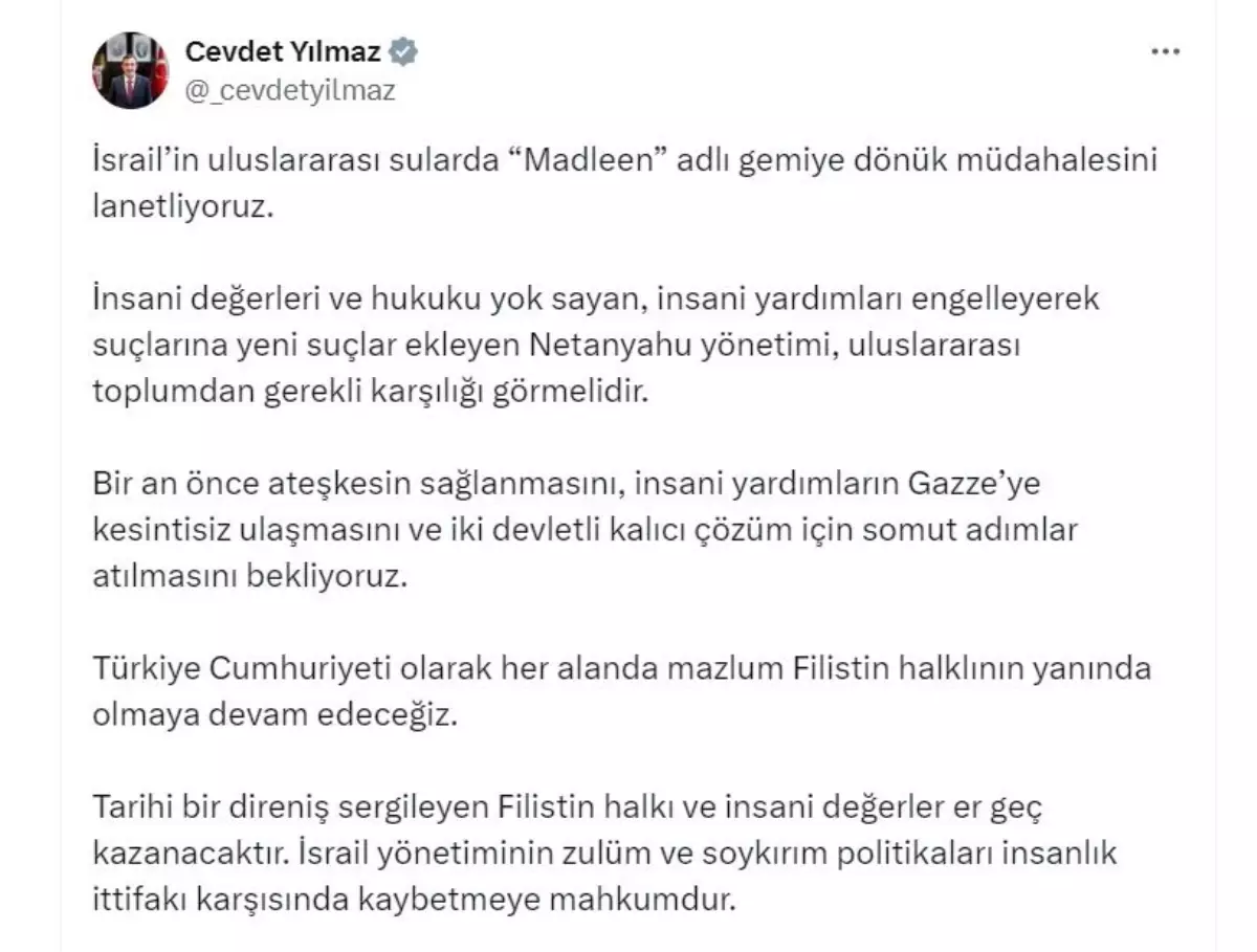 Cevdet Yılmaz'dan İsrail'e Tepki