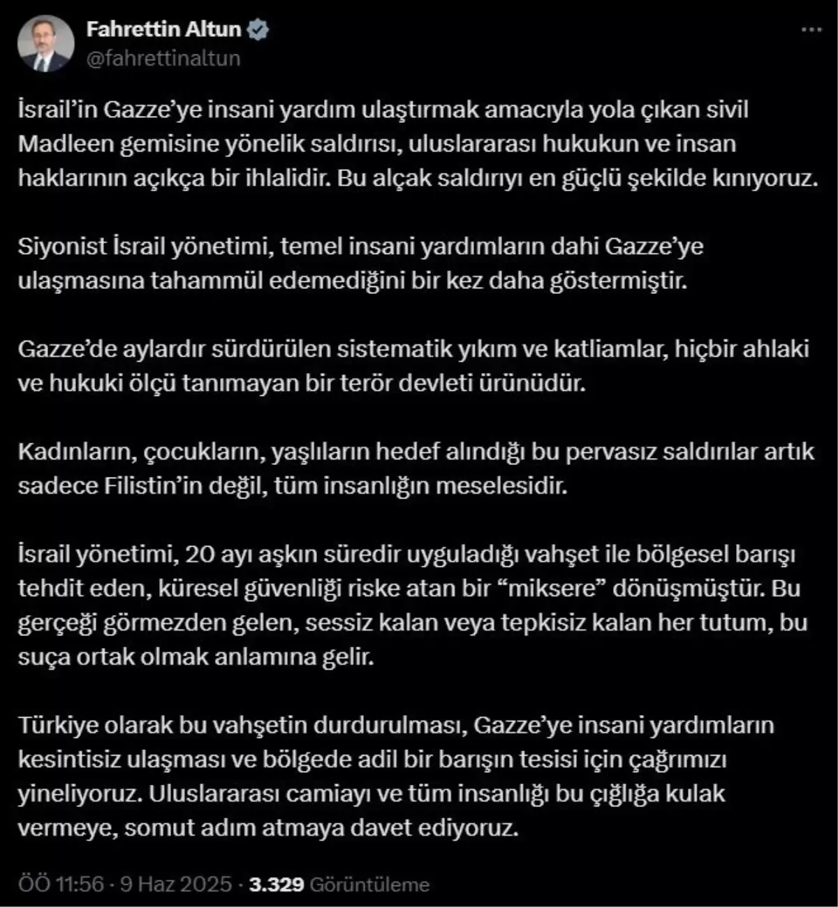 İletişim Başkanı Altun'dan Gazze'ye Yönelik Saldırıya Sert Tepki