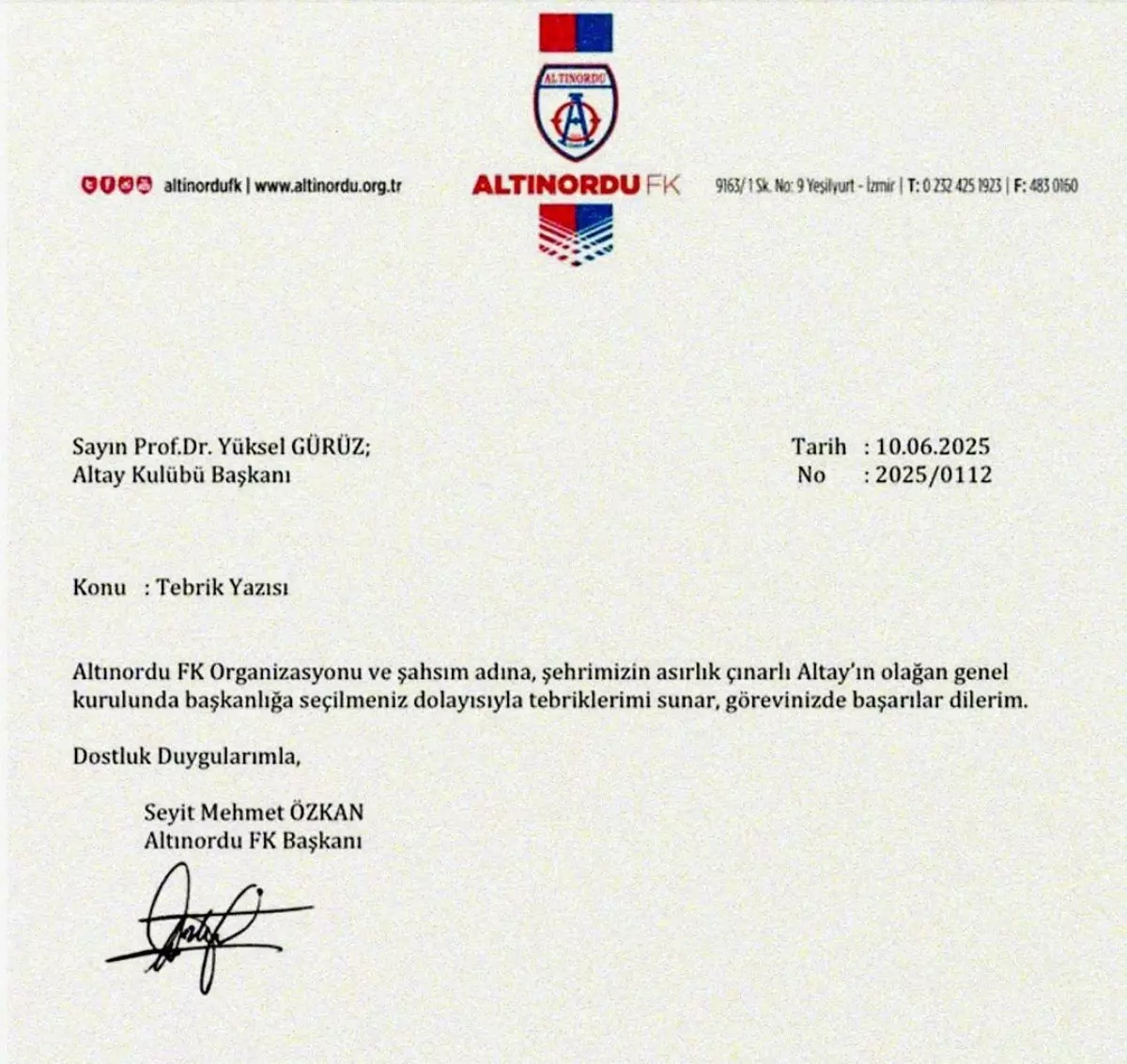 Altınordu Başkanı Özkan, Altay Başkanı Gürüz'e Tebrik Mesajı Yolladı