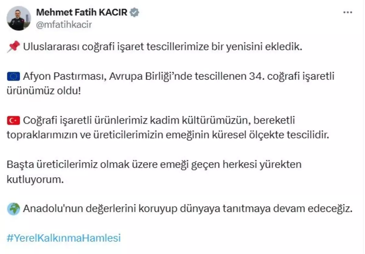 Afyon Pastırması, Avrupa Birliği'nden Coğrafi İşaret Tescili Aldı