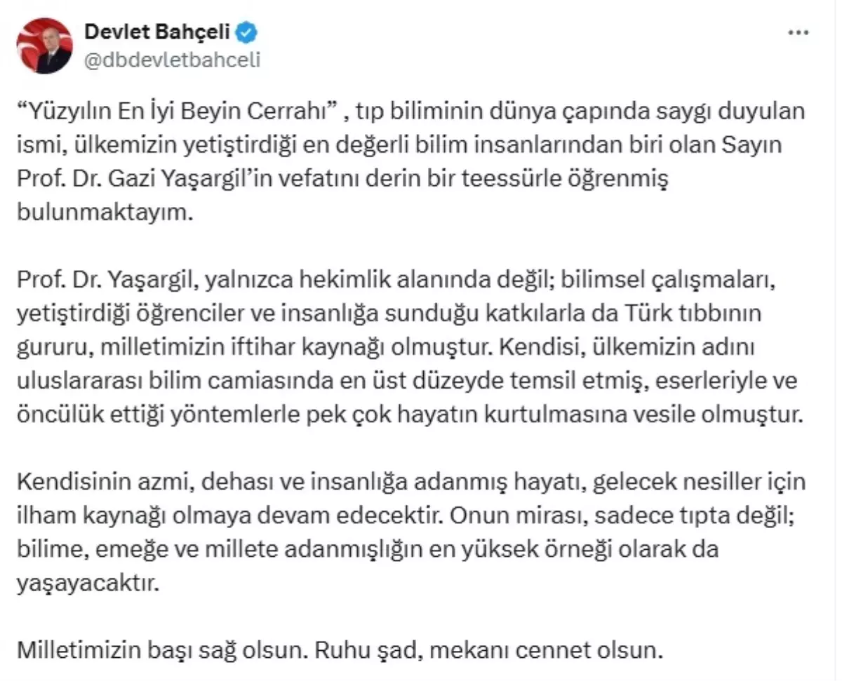 Devlet Bahçeli'den Prof. Dr. Gazi Yaşargil için Taziye Mesajı