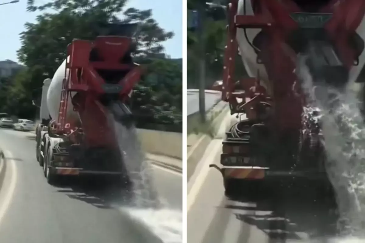 İstanbul'da hafriyat kamyonu betonlu suyu yola döktü