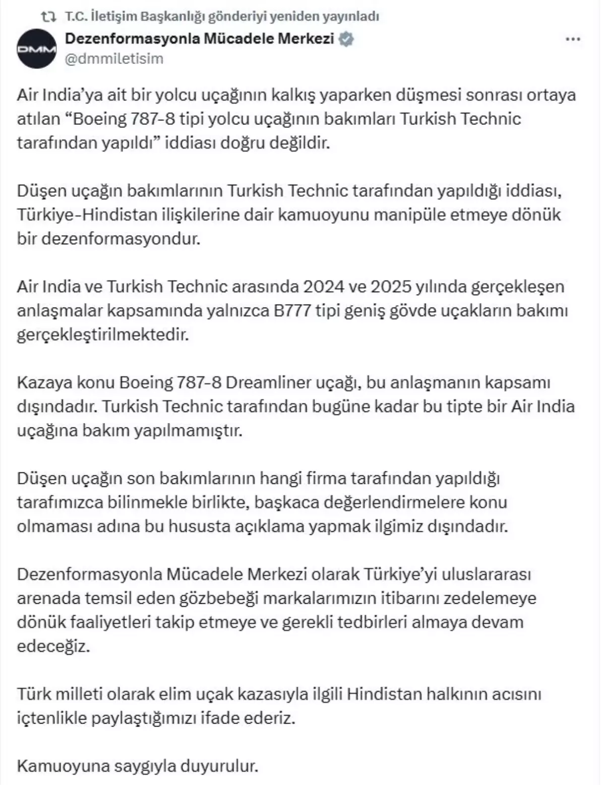 Boeing 787-8 Uçağının Bakım İddiasına Yalanlama