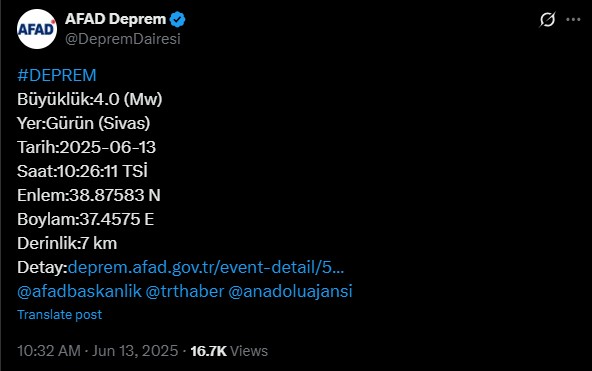 SİVAS'TA DEPREM Mİ OLDU? 13 Haziran 2025 az önce Sivas'ta deprem mi oldu, nerede, kaç şiddetinde? AFAD ve Kandilli Rasathanesi SON DAKİKA depremler!