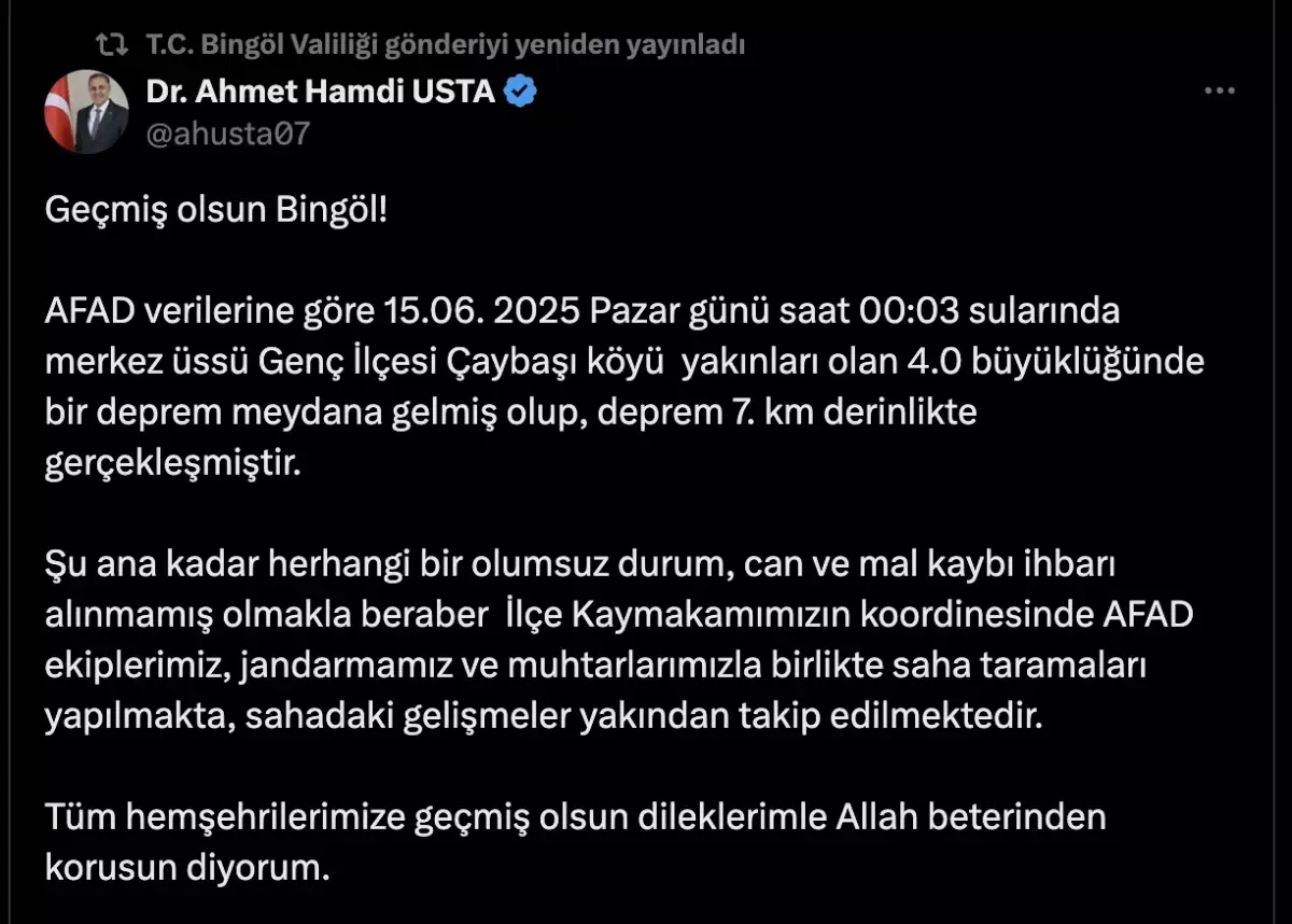 Bingöl'de 4 Büyüklüğünde Deprem: Vali Olumsuz Durum Yok Dedi
