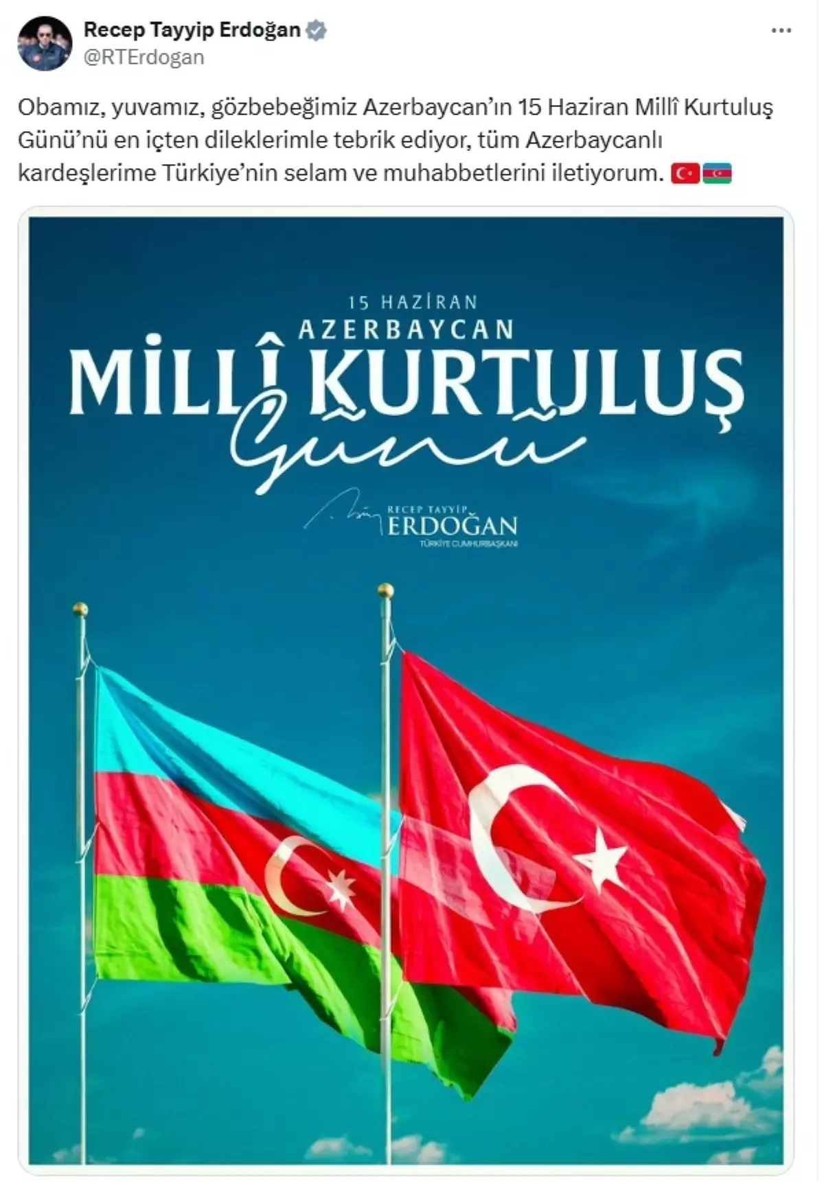 Cumhurbaşkanı Erdoğan'dan Azerbaycan'a Kutlama Mesajı