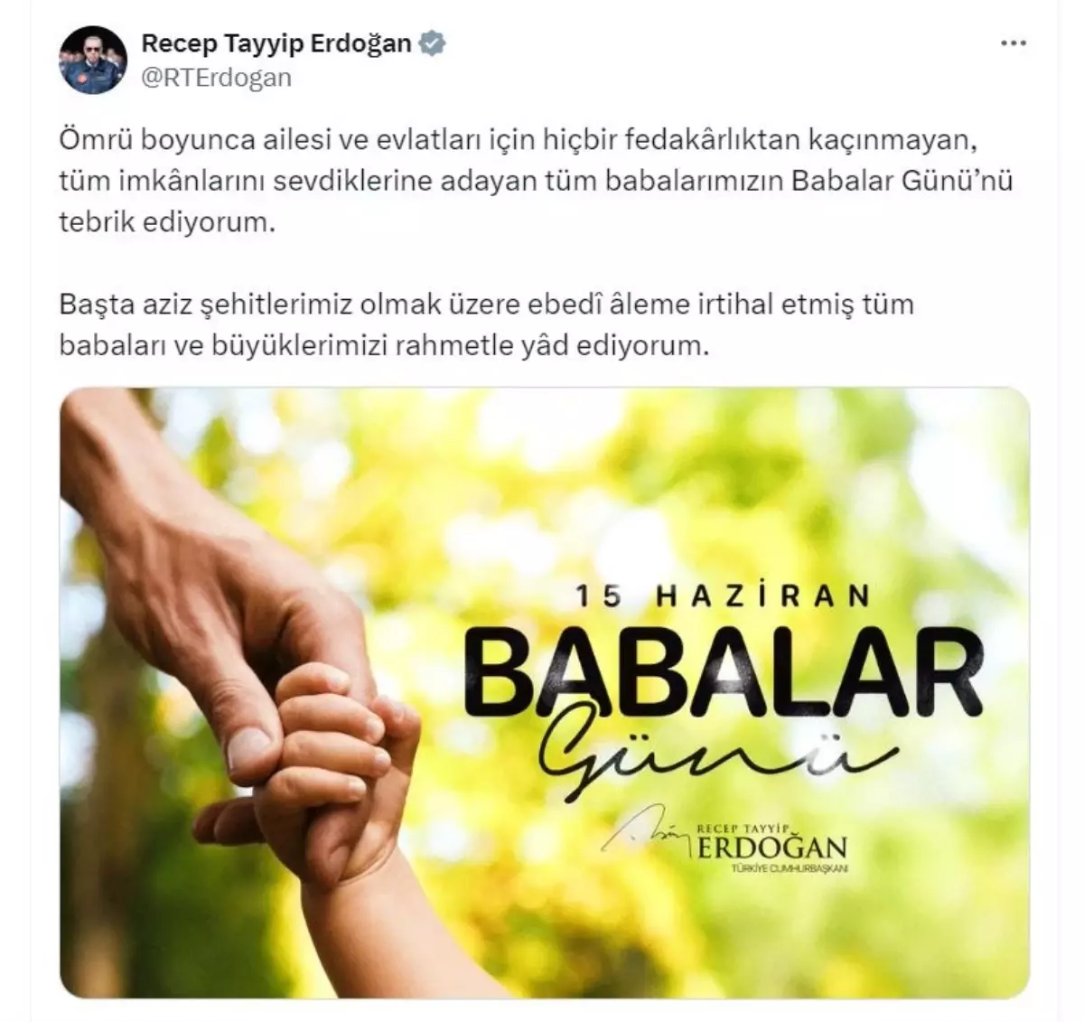 Cumhurbaşkanı Erdoğan'dan Babalar Günü Mesajı