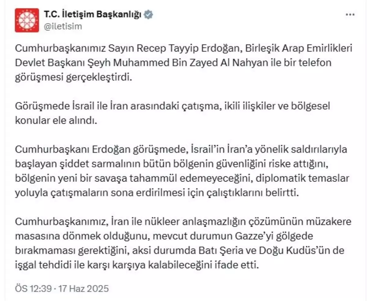 Erdoğan, BAE Devlet Başkanı ile İsrail-İran Çatışması ve Bölgesel Konuları Görüştü