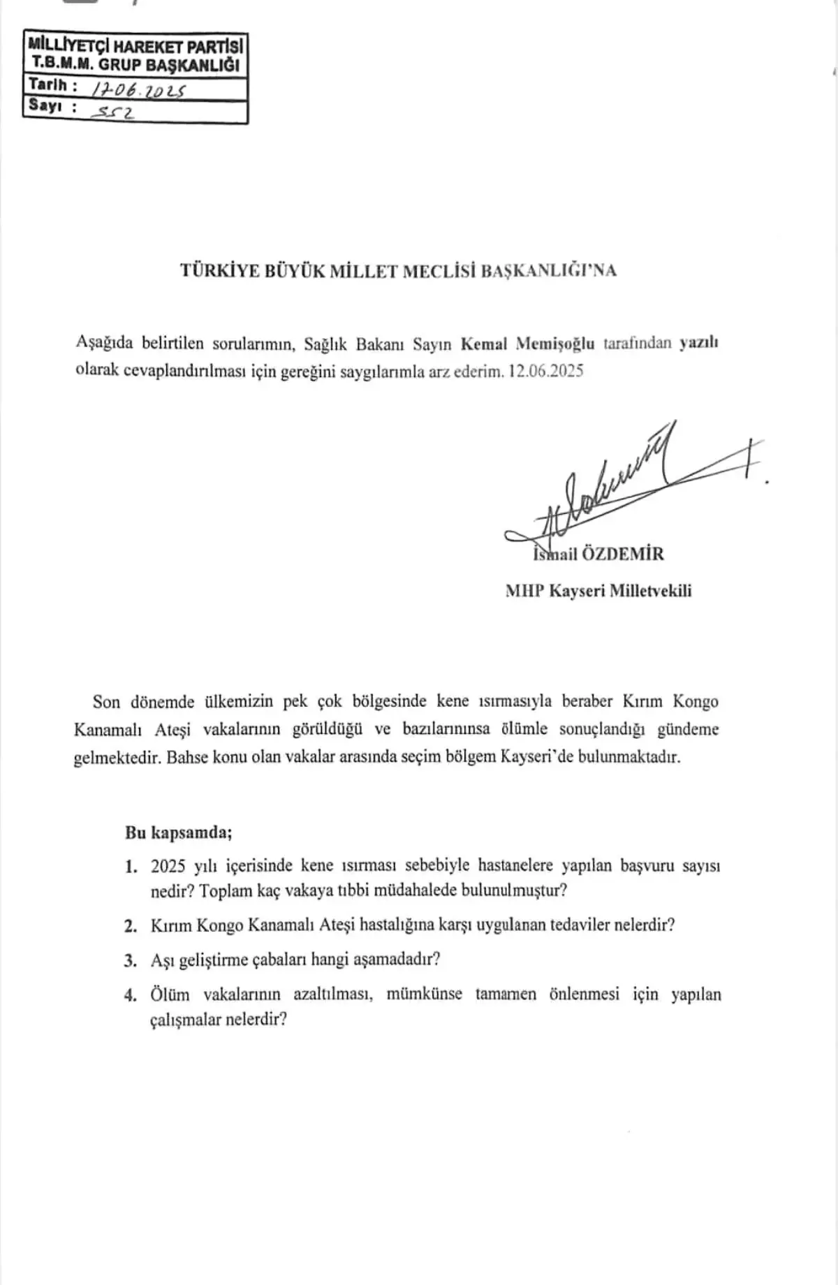MHP'li İsmail Özdemir'den Kene Isırması Vakalarına İlişkin Soru Önergesi