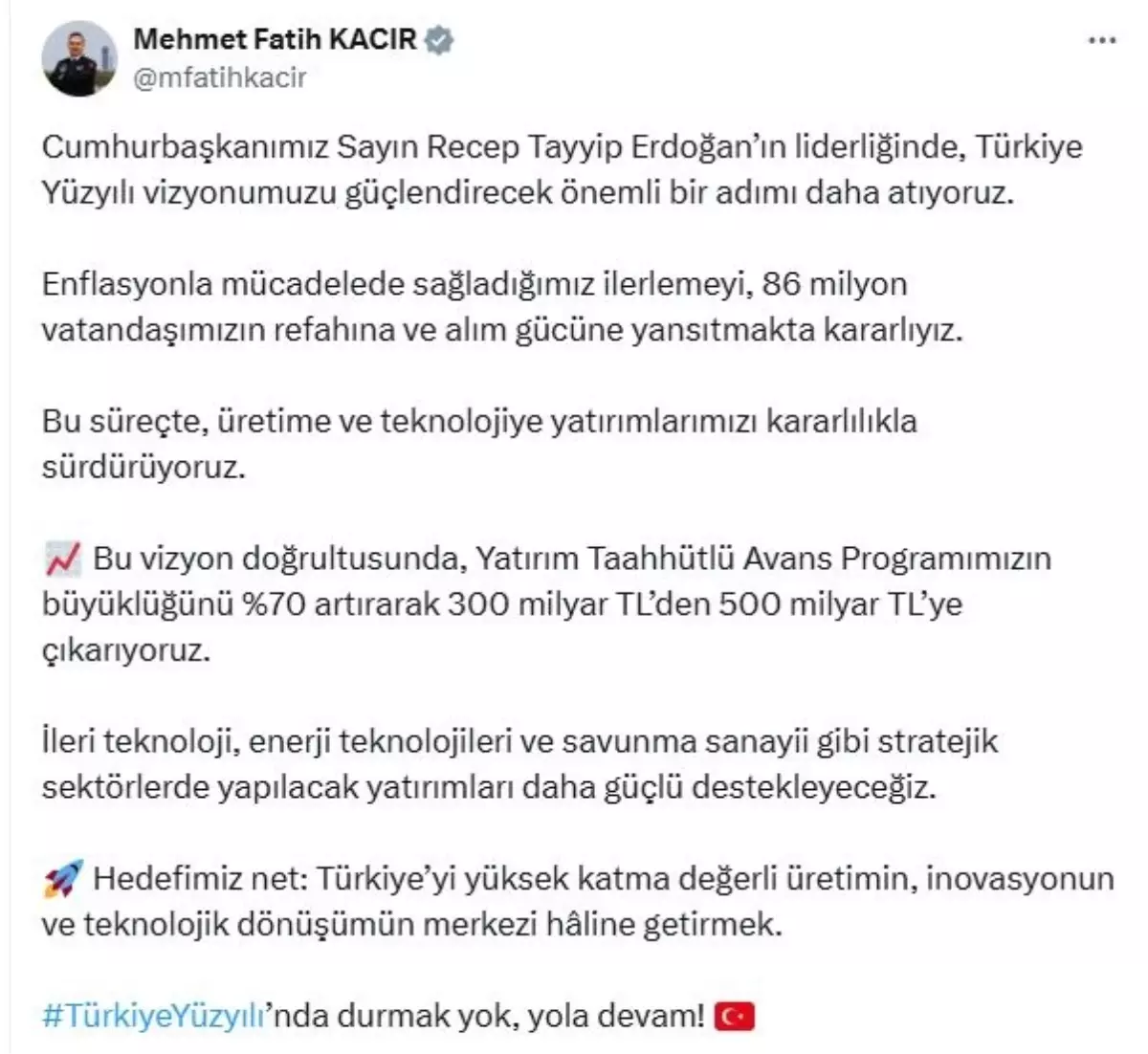 Sanayi ve Teknoloji Bakanı Kacır: Yatırım Taahhütlü Avans Programı 500 milyar TL'ye çıkarılıyor