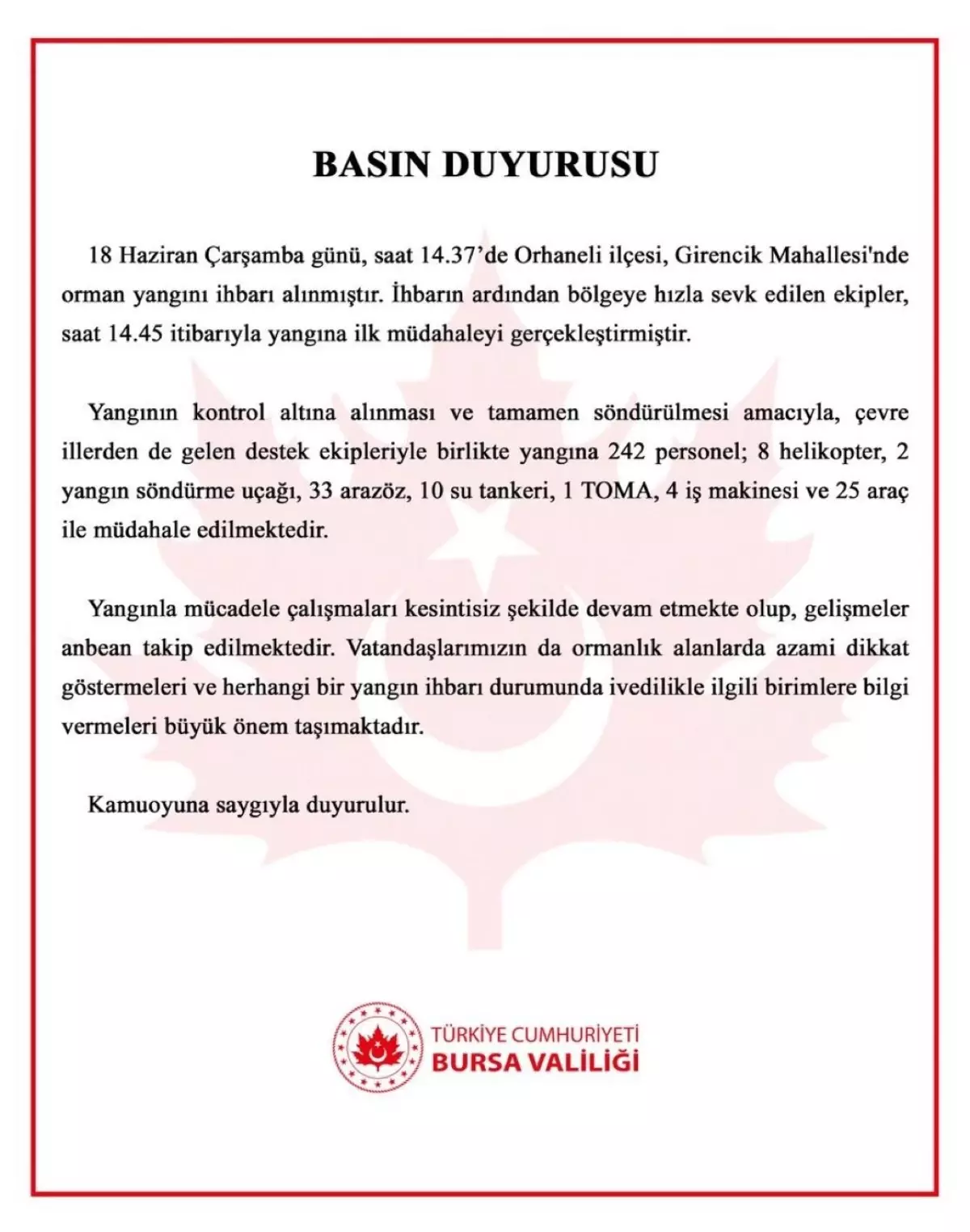 Bursa'daki Orman Yangınına Hızla Müdahale Ediliyor
