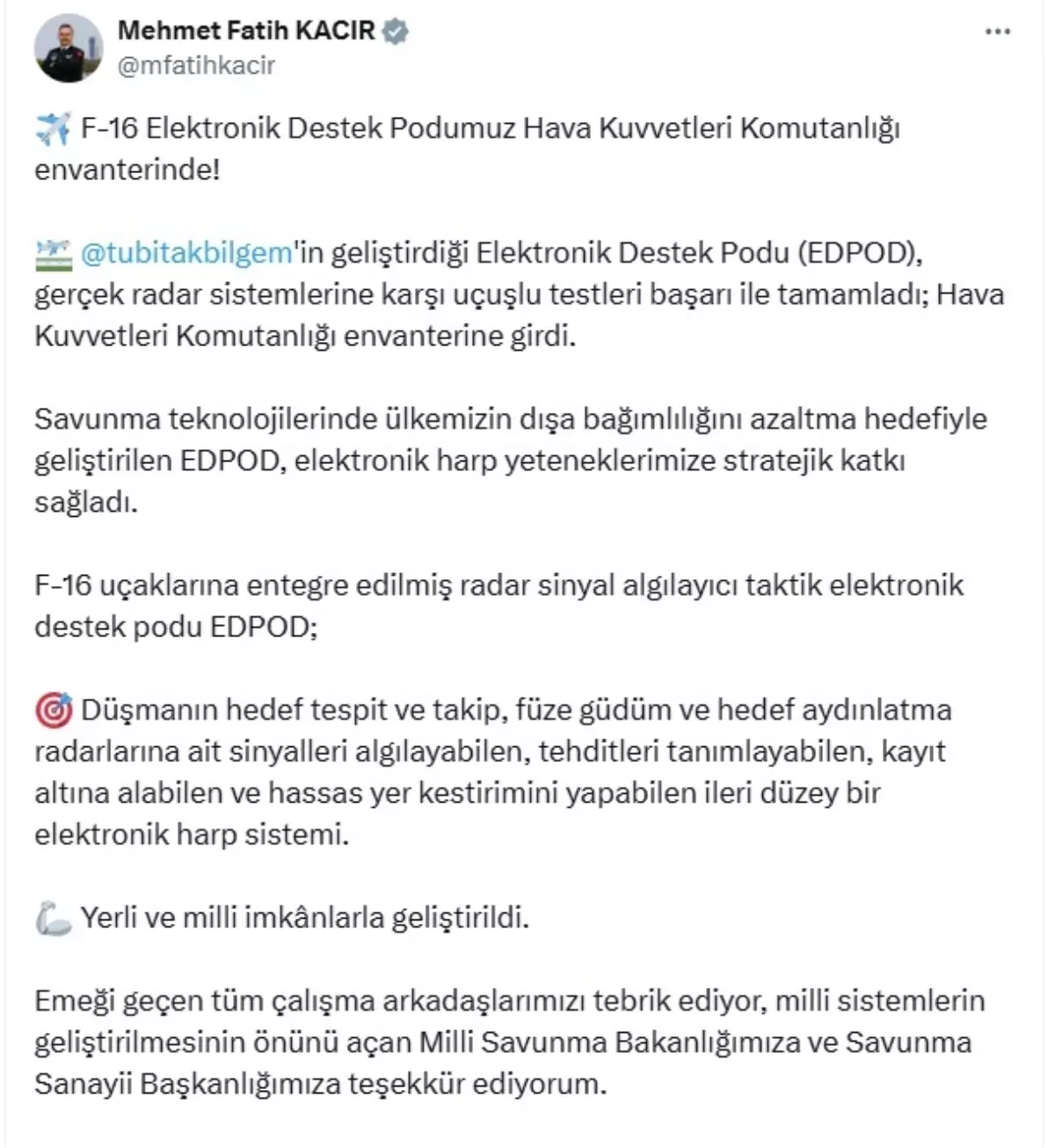 Türkiye'nin Yerli Elektronik Destek Podu EDPOD Hava Kuvvetleri Envanterinde