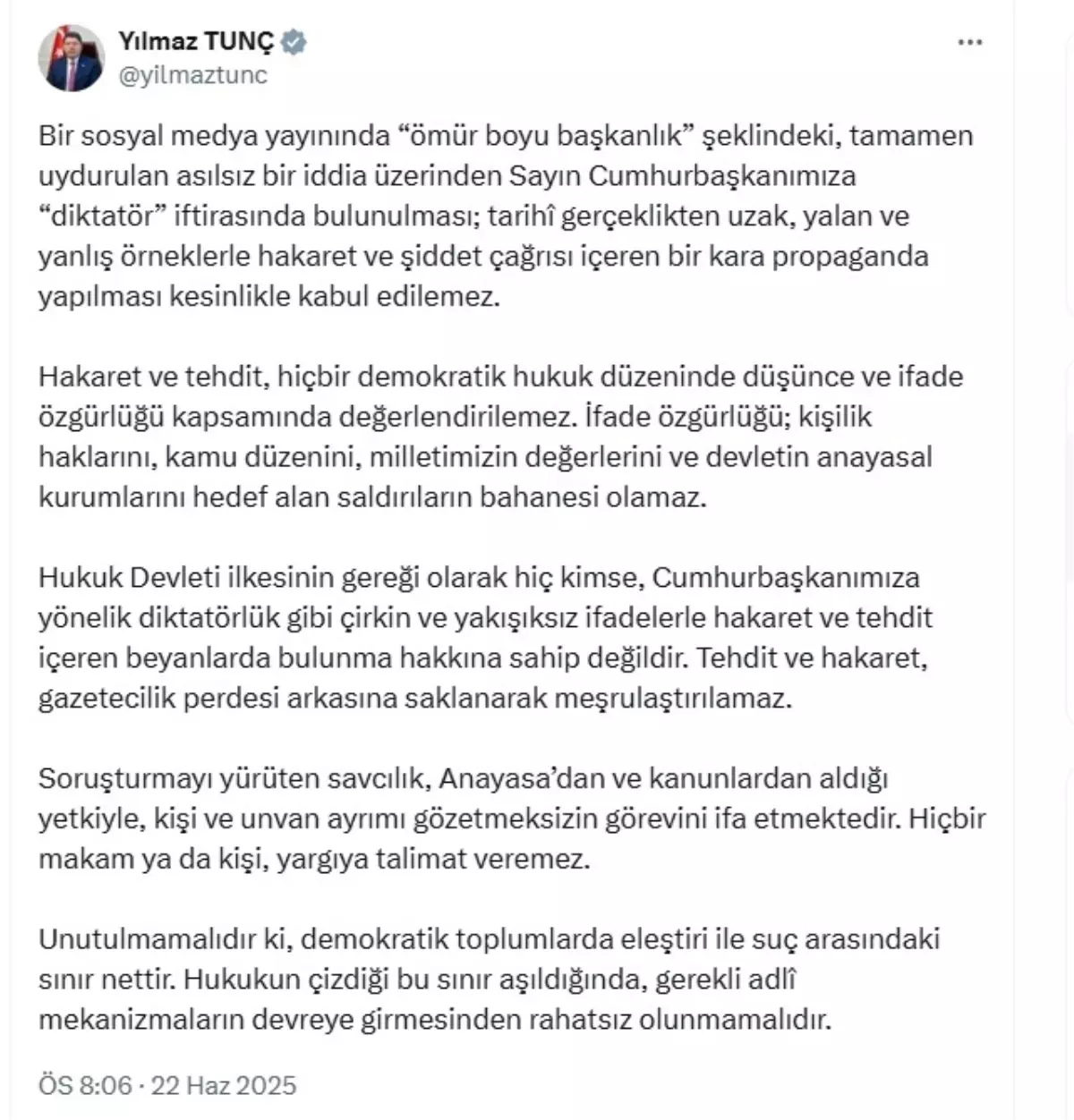 Adalet Bakanı Tunç: 'Ömür boyu başkanlık' iddiaları yalan ve kabul edilemez