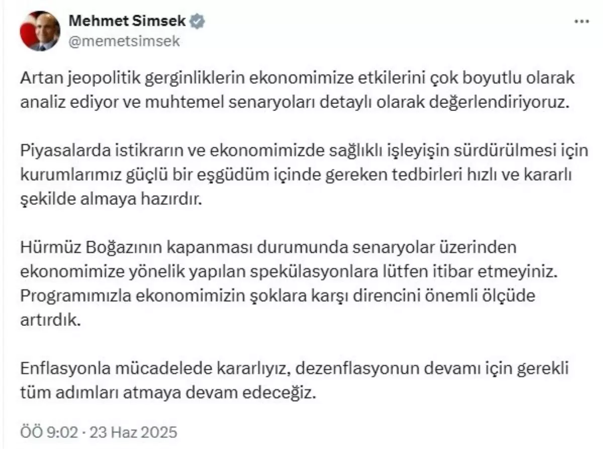 Bakan Şimşek'ten Ekonomik İstikrar Açıklaması