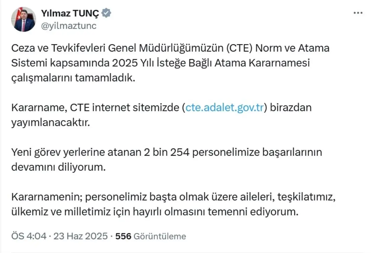 Adalet Bakanlığı'ndan 2025 Yılı İsteğe Bağlı Atama Kararnamesi