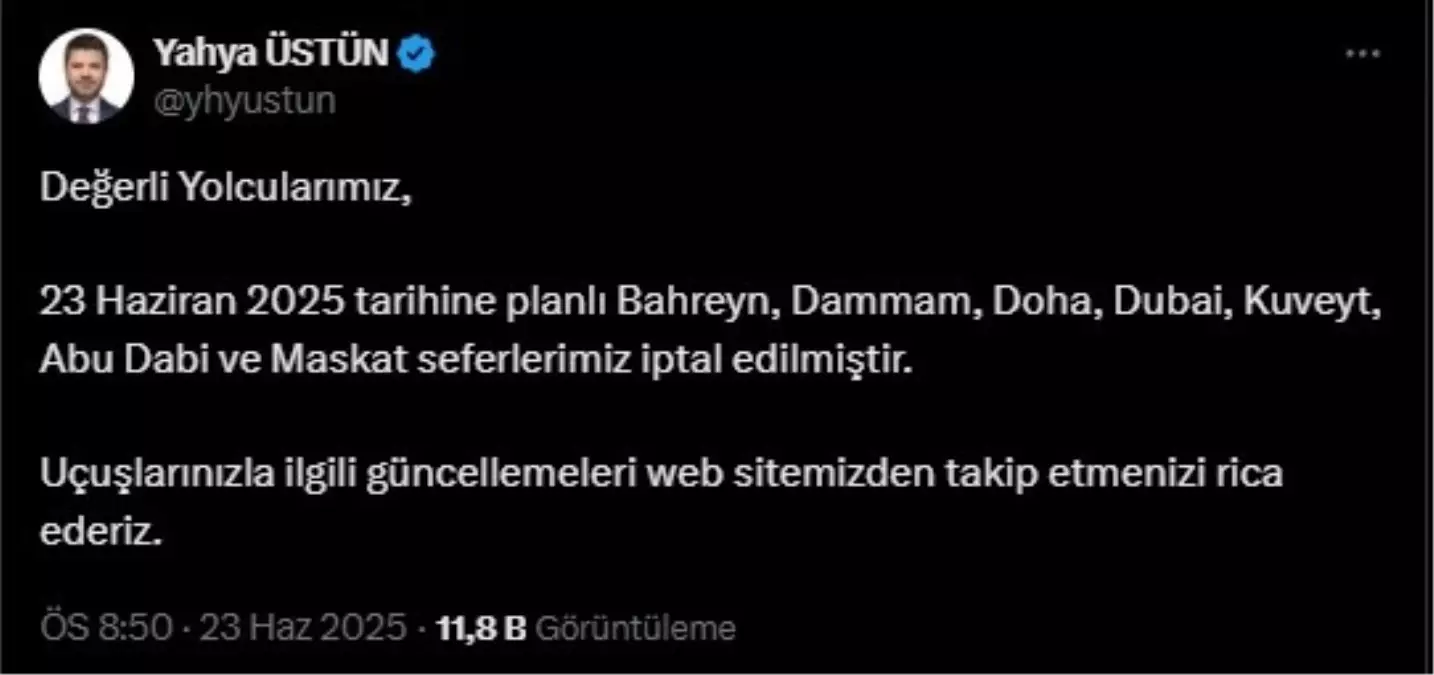 THY'den 7 Sefer İptali Duyurusu