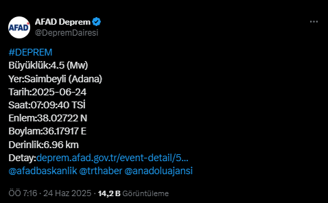ADANA'DA DEPREM! 24 Haziran deprem mi oldu? Adana deprem kaç şiddetinde?