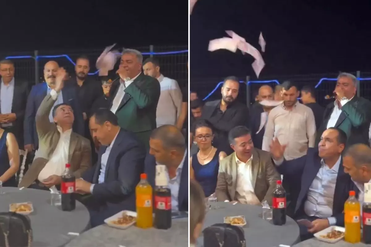 Belediye başkanlarının düğün eğlencesine bakın! Birbirlerine para attılar