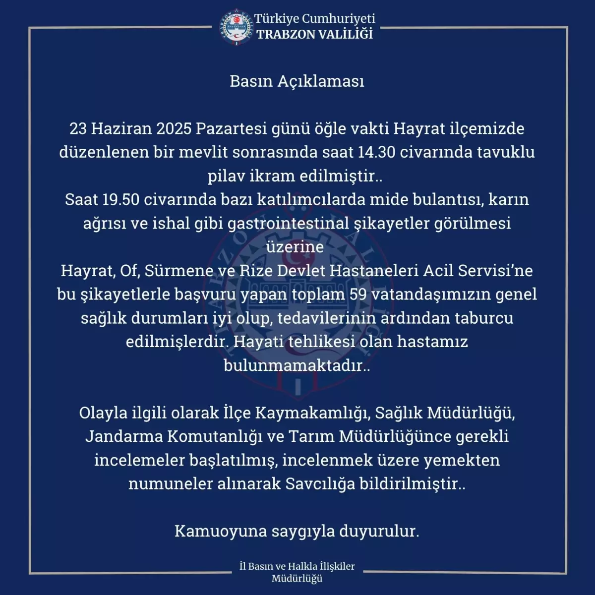 Trabzon'da Mevlit Programında Gıda Zehirlenmesi Şüphesi