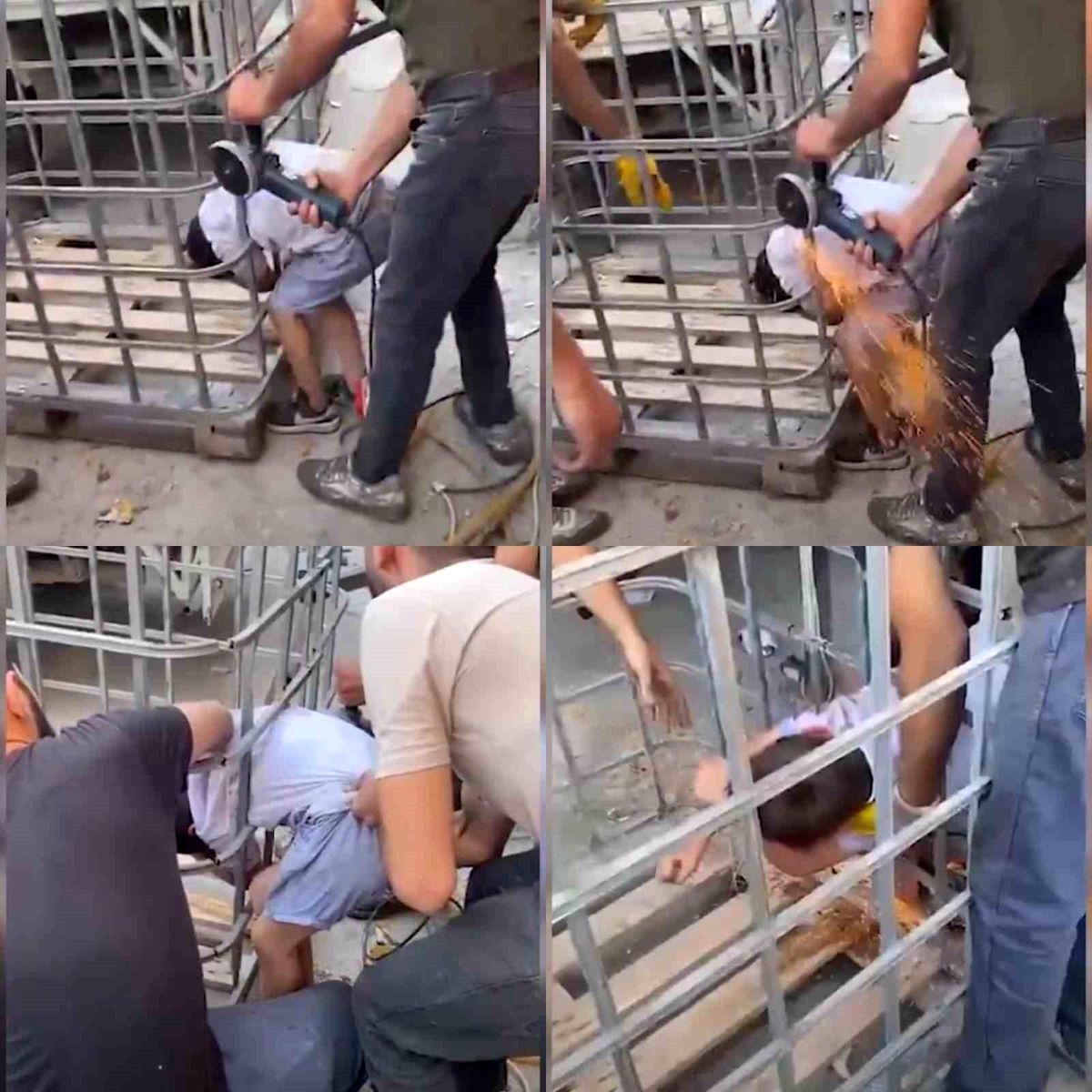 Adana'da Çocuk Malzeme Taşıma Kafesine Sıkıştı
