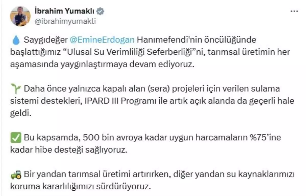 Tarım Bakanı Yumaklı'dan Yeni Sulama Desteği Açıklaması