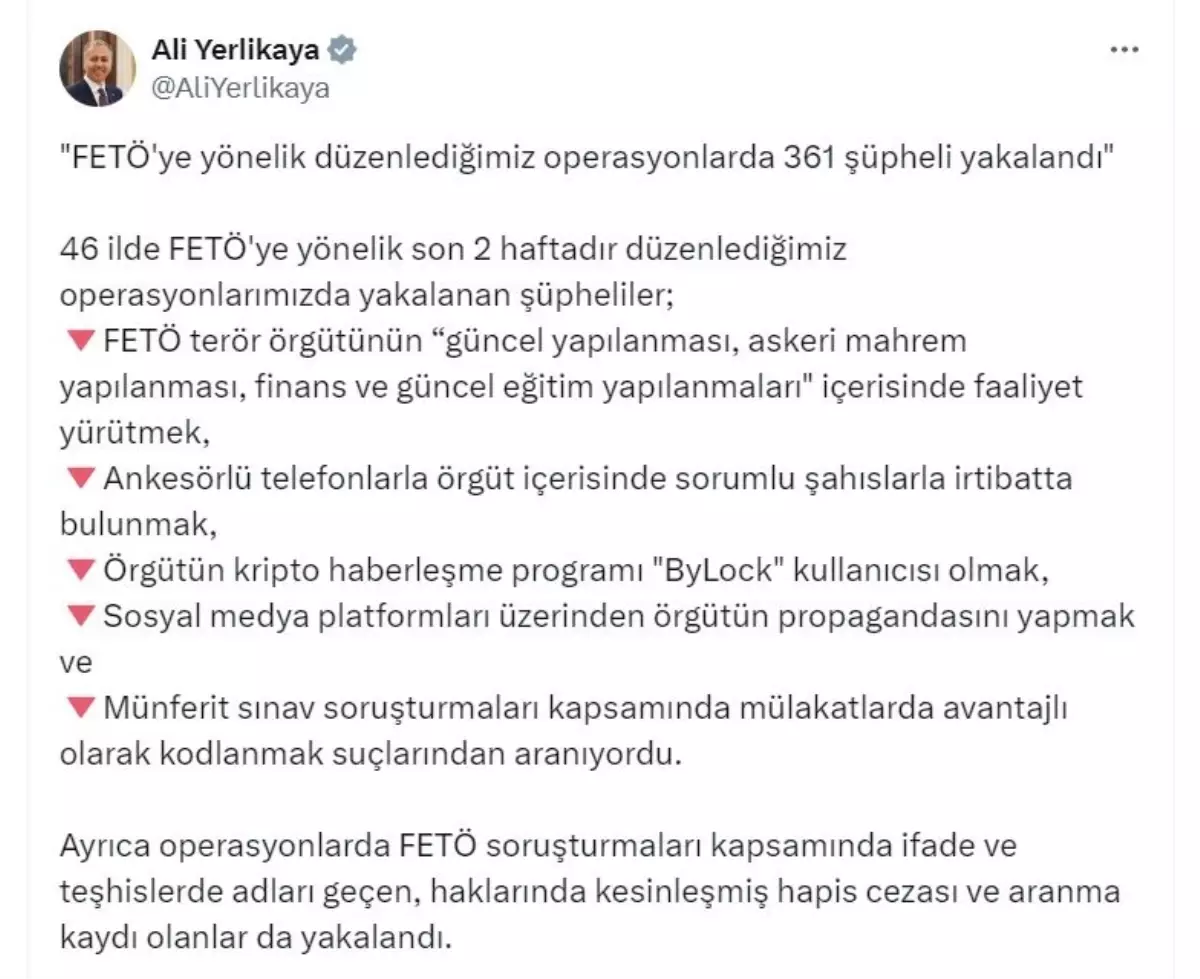 FETÖ'ye Yönelik Operasyonlarda 361 Şüpheli Yakalandı