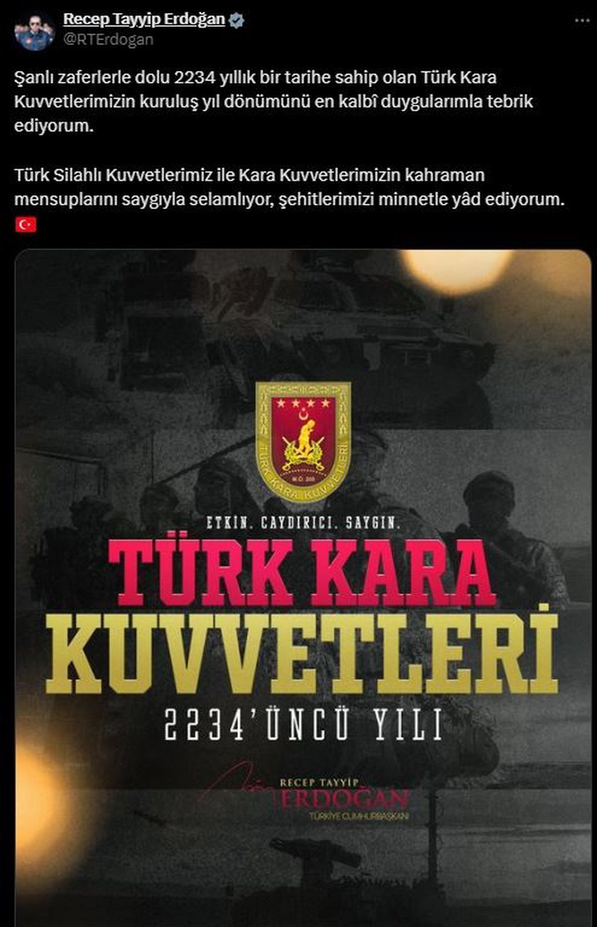 Cumhurbaşkanı Erdoğan Türk Kara Kuvvetleri'nin Kuruluş Yıl Dönümünü Kutladı