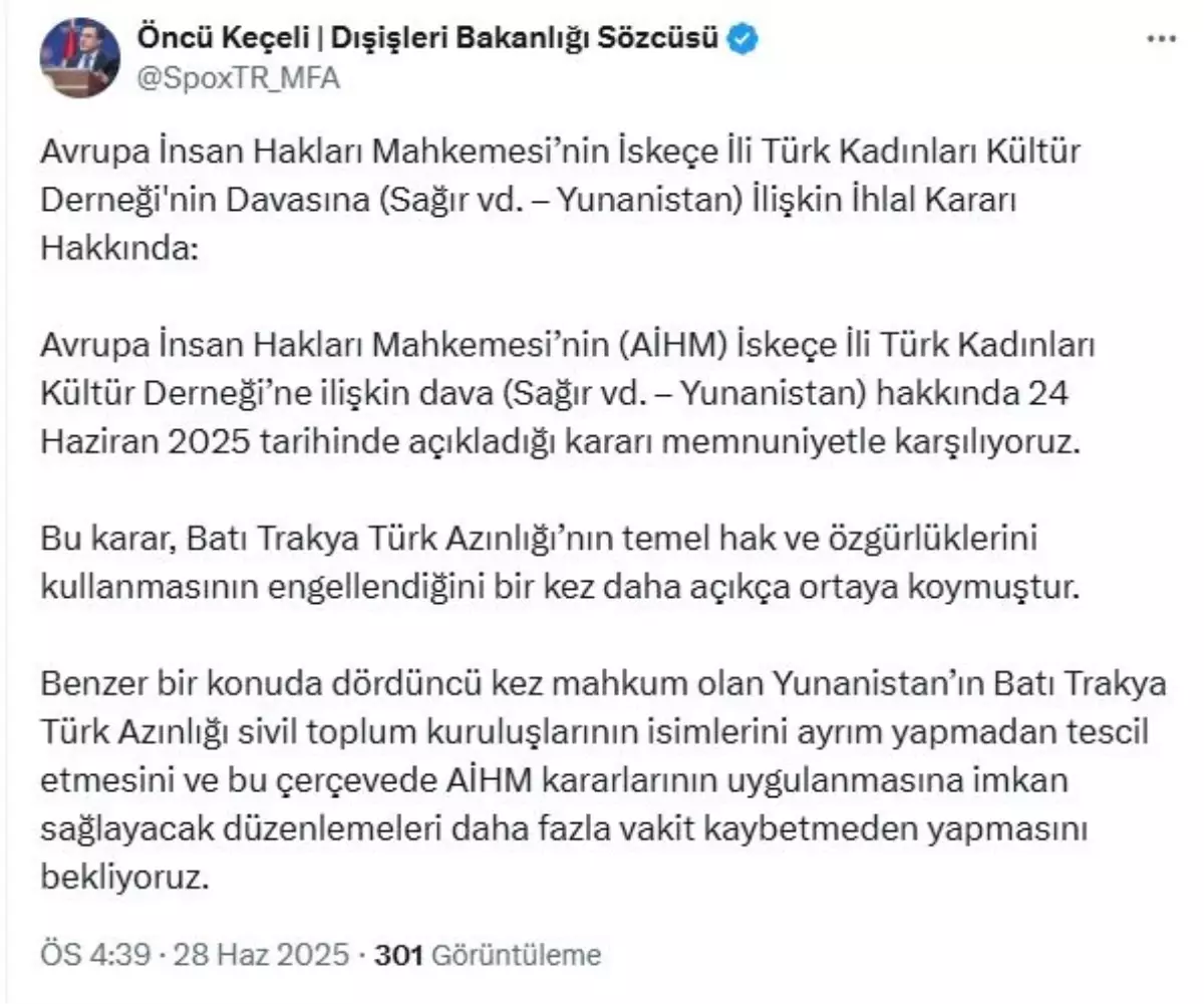 AİHM Kararı, Batı Trakya Türk Azınlığının Haklarını Güçlendiriyor