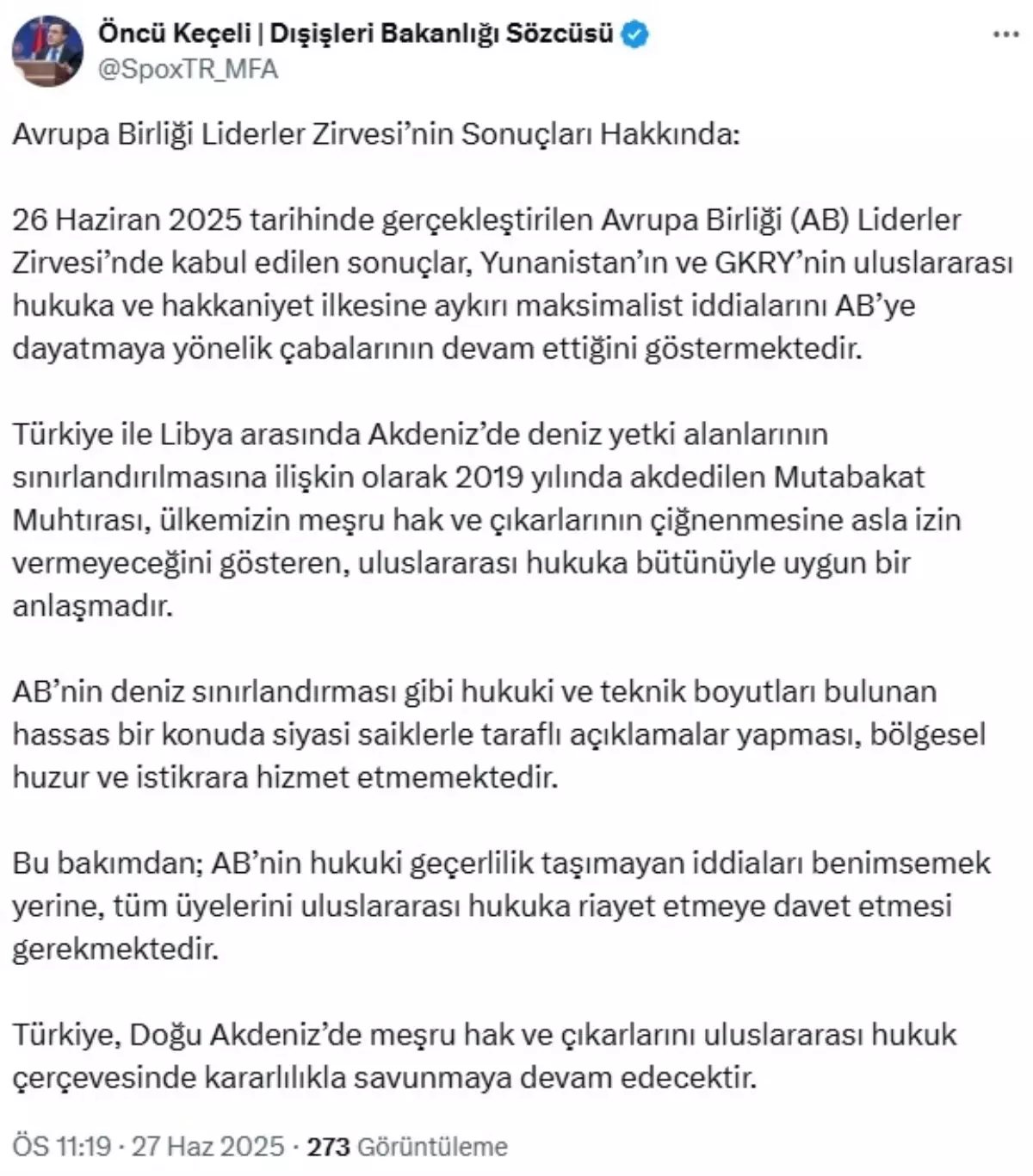 Dışişleri Bakanlığı: AB'nin Yunanistan ve GKRY İddialarını Reddettik