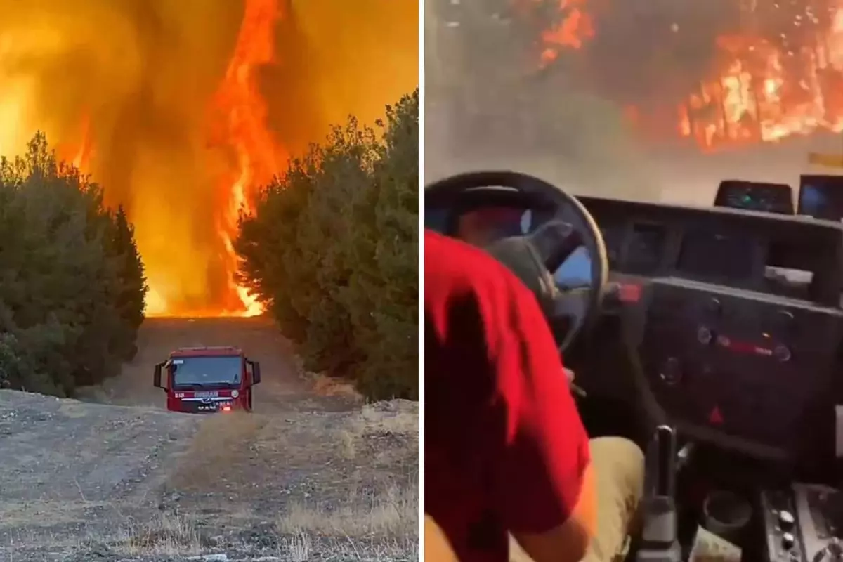 Alevlerin arasında kalan orman ekibi son anda kurtuldu