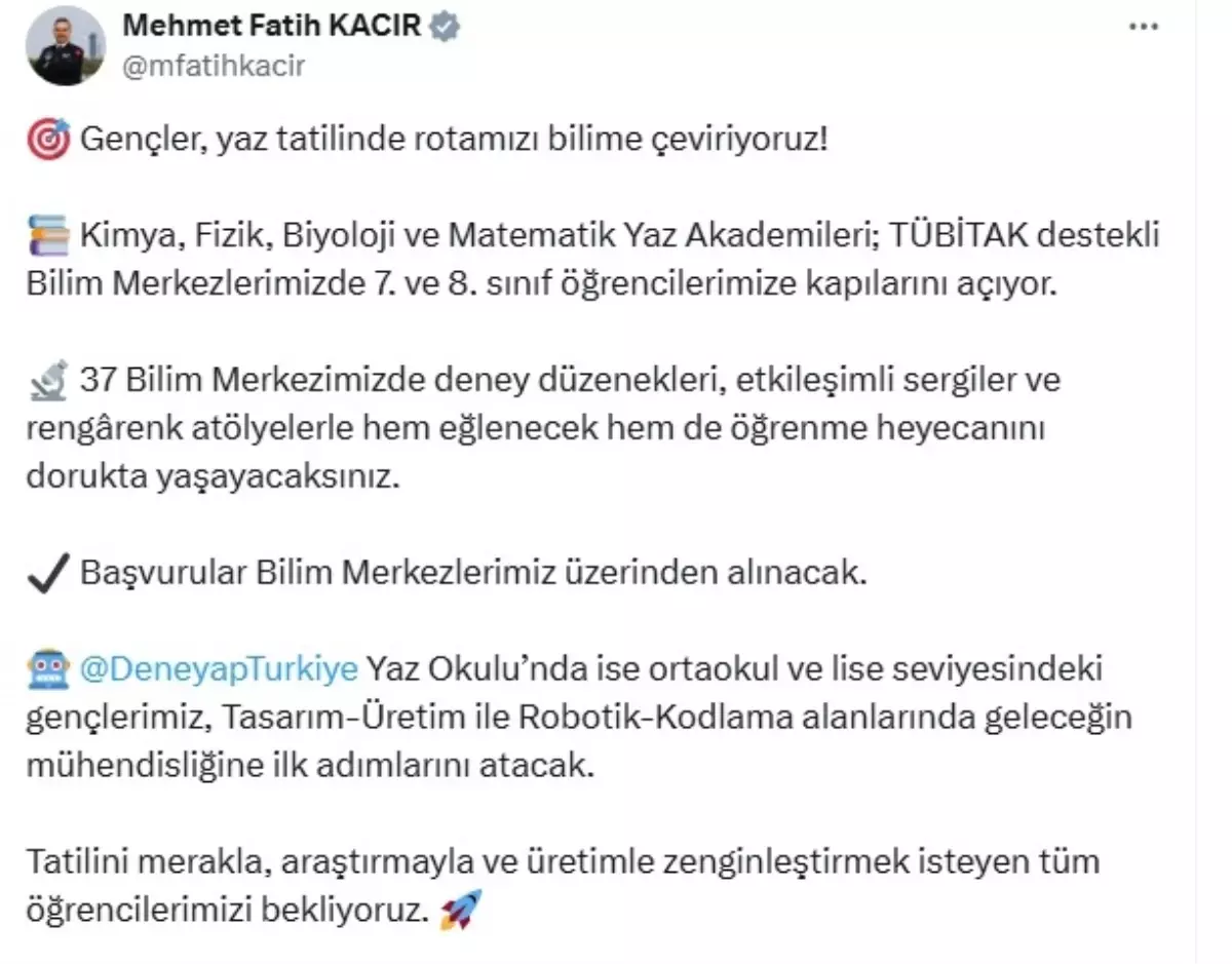 Bakan Kacır'dan Yaz Bilim Akademileri Duyurusu