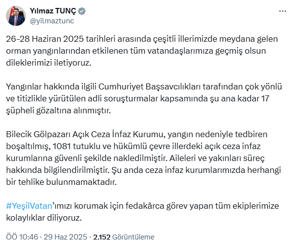 Minister Tunç: Bilecik Gölpazarı Open Penitentiary Institution evacuated due to fire