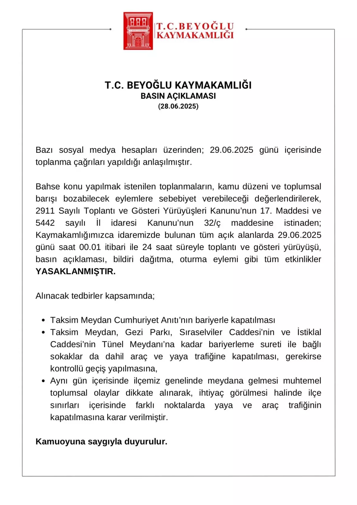Beyoğlu'nda Gösteri ve Yürüyüşler 1 Gün Süreyle Yasaklandı