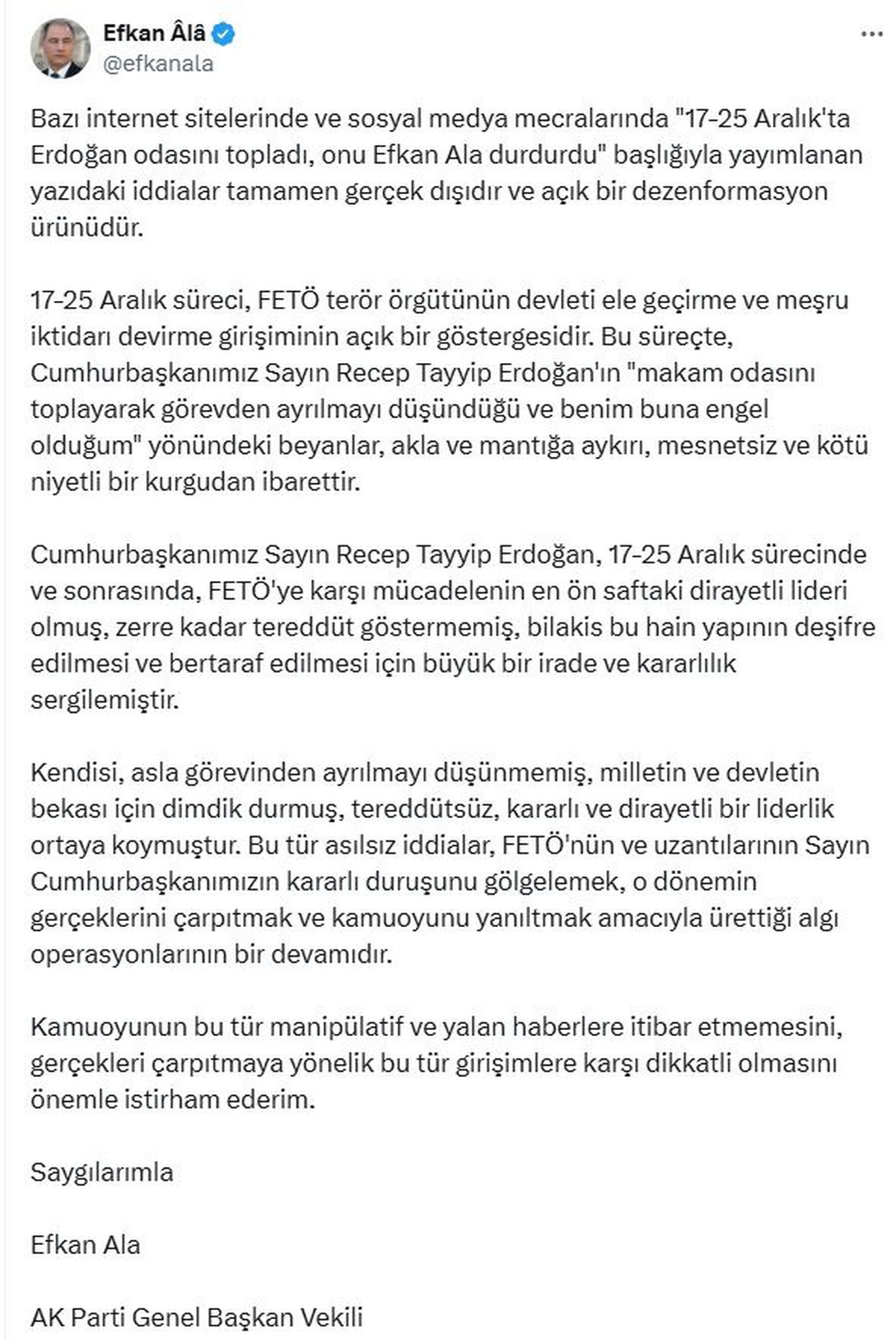 Efkan Ala: 'Erdoğan 17-25 Aralık sürecinde FETÖ'ye karşı mücadelenin en ön saftaki lideri oldu'