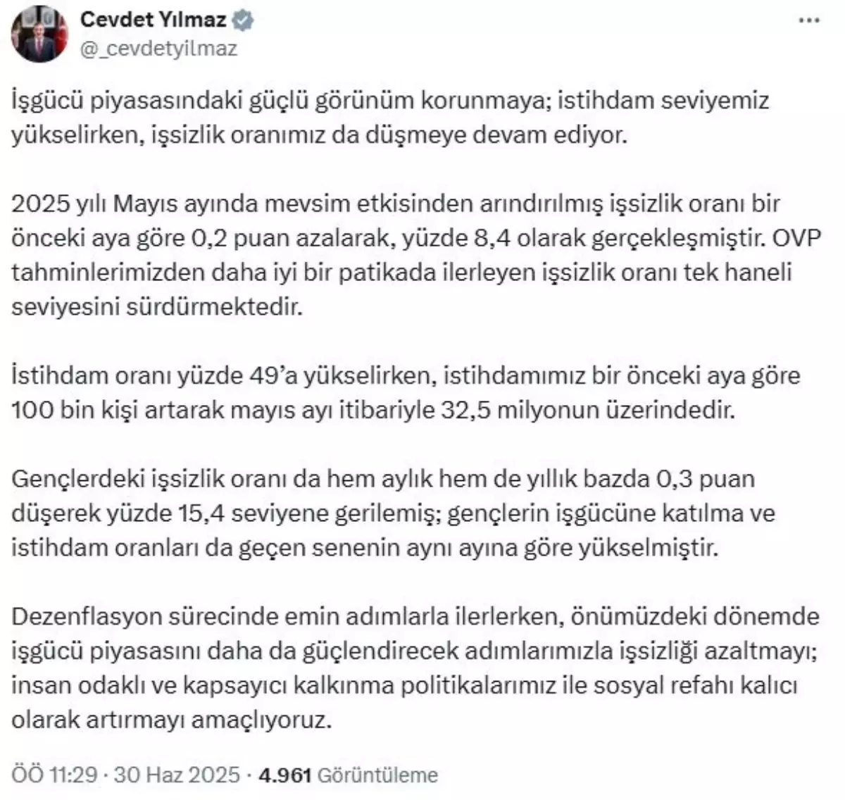 Cevdet Yılmaz: İşsizlik Oranı Düşmeye Devam Ediyor
