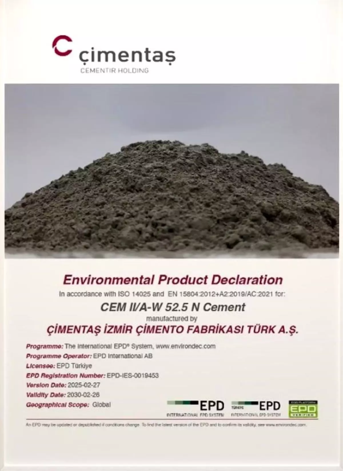 Çimentaş, Sürdürülebilir Üretim İçin EPD Belgesi Aldı