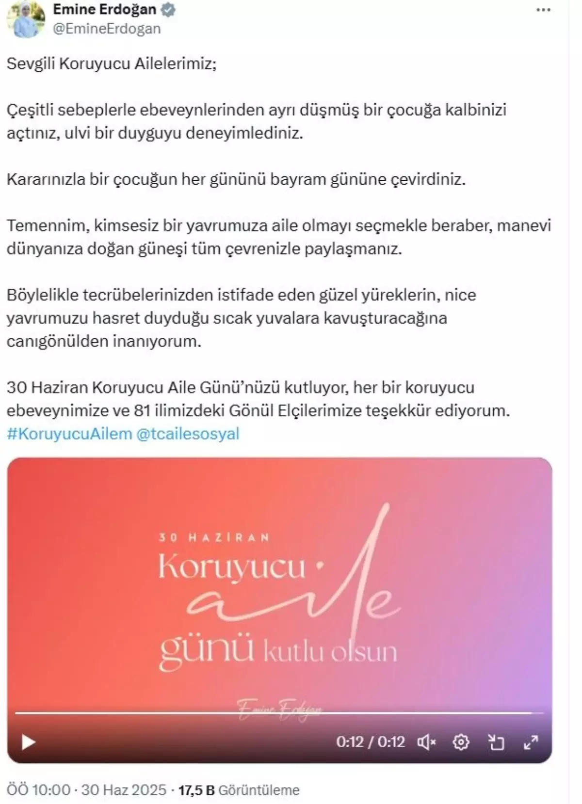 Emine Erdoğan'dan Koruyucu Ailelere Teşekkür