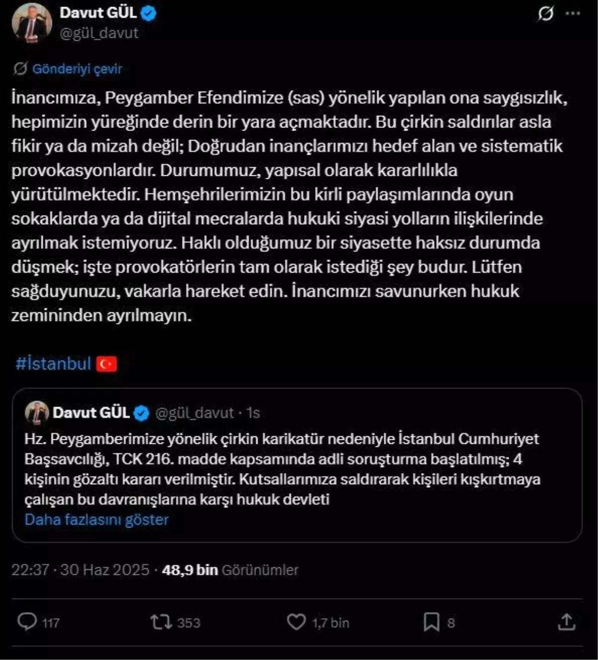 Vali Davut Gül'den Peygamberimize Yönelik Karikatüre Sert Tepki